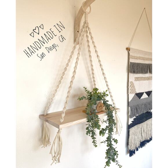 Macrame Wood Shelf - Handmade - Hanging Floating Shelf - Boho Hanging Shelf - Picture 1 of 9